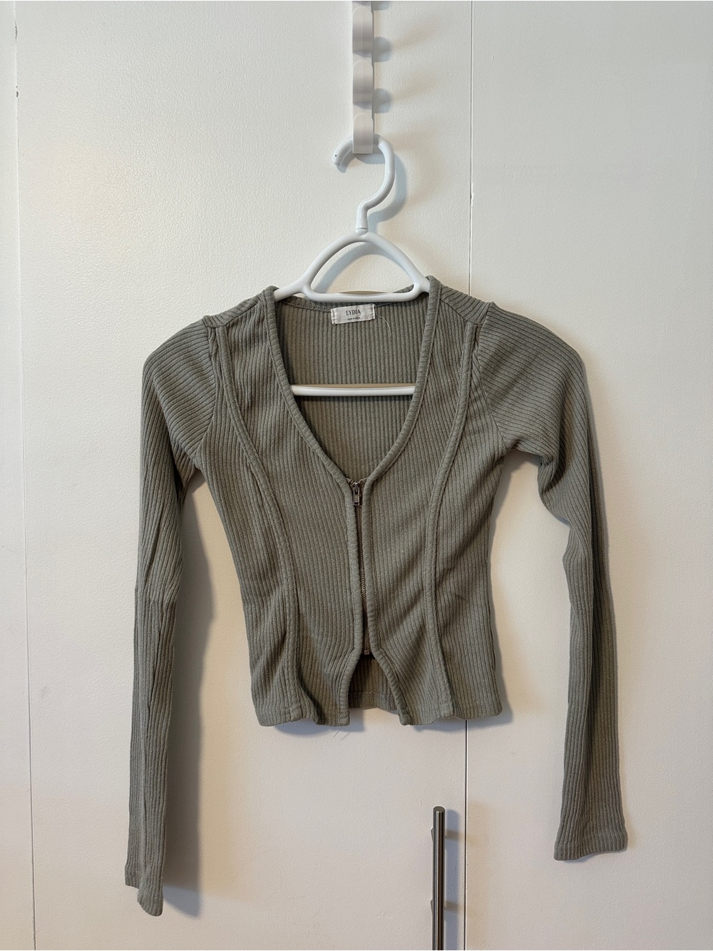 Ribbed Zip-Front Long Sleeve Top - Sage Green